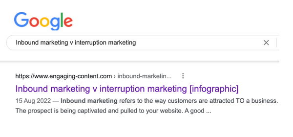 Google search for inbound marketing v interruption marketing